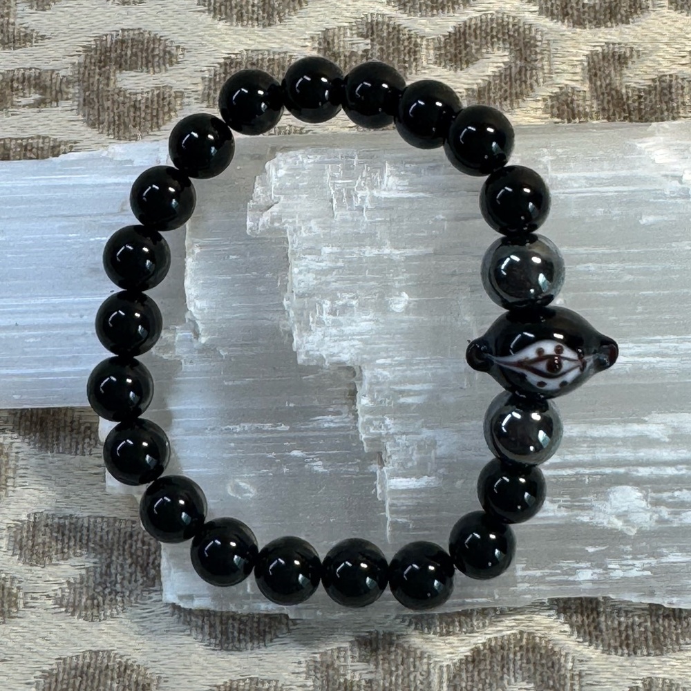 Black Obsidian, Hematite & Evil Eye Stretch Bracelet *Protective Energy* 🧿 - Picture 6 of 9